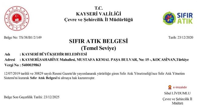 Kayseri Büyükşehir Belediyesi 'Sıfır Atık' belgesi aldı