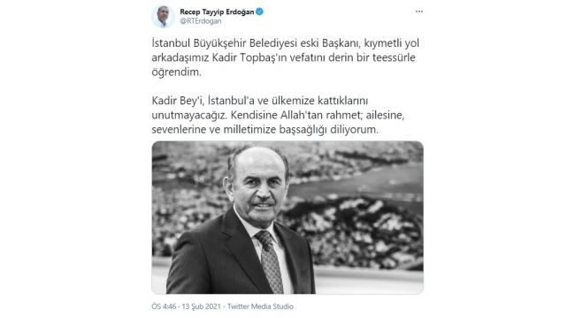 Cumhurbaşkanı Recep Tayyip Erdoğan'dan Kadir Topbaş paylaşımı