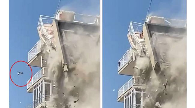 İzmir'de bina yıkılırken aşağı kedi düştü