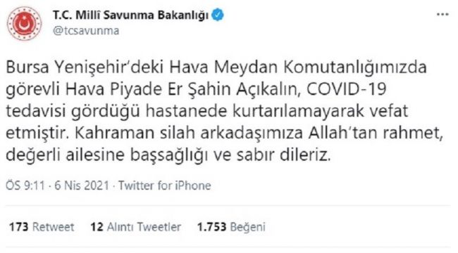Bir asker korona virüsten hayatını kaybetti