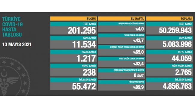13 Mayıs korona tablosu: 238 kişi hayatını kaybetti