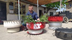 Eski lastikler çöpe değil hayata saksı olarak kazandırılıyor