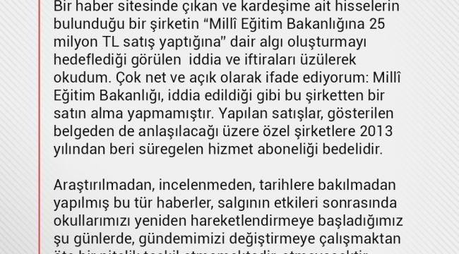 Bakan Selçuk: "Milli Eğitim Bakanlığı bu şirketten bir satın alma yapmamıştır"