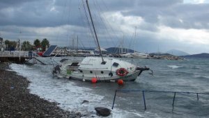 Bodrum'da, sürüklenen tekne karaya oturdu
