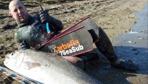 Zıpkınla 55 kiloluk akya balığı avladı