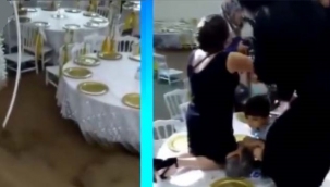 Düğün salonunu sel bastı, masalara çıkıp kurtuldular