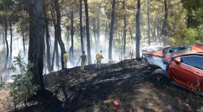 Alev alan otomobilin girdiği orman da yandı