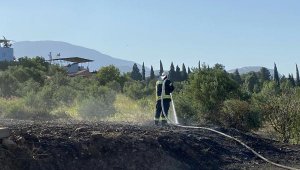 Anız yangınında alevler bahçesine sıçrayınca hortumla müdahale etti