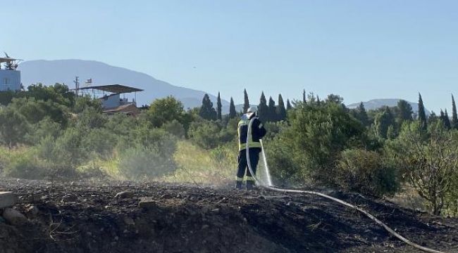 Anız yangınında alevler bahçesine sıçrayınca hortumla müdahale etti