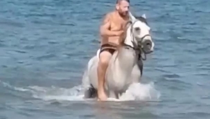 Urla'da plajda bulunanlar şaşırdı kaldı! At ile denize girdi