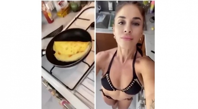 Bikiniyle omlet yaptı, videosunu paylaştı