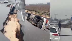 Yol yarıldı, arabaları yuttu!